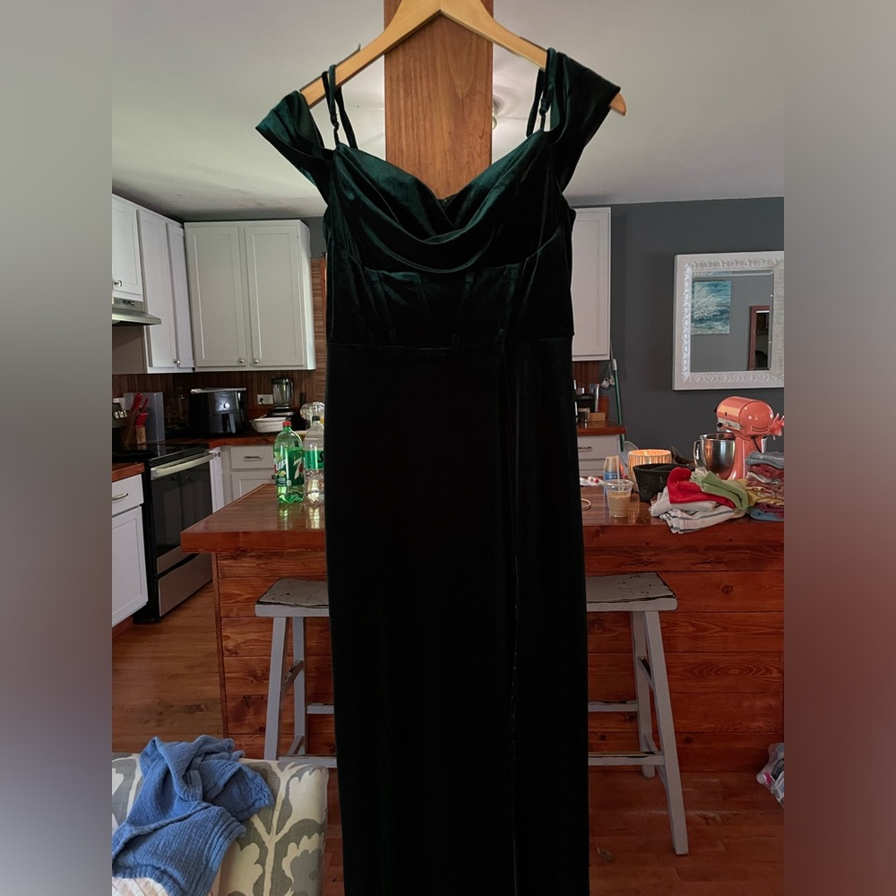 Elegant Suede Off the shoulder Forest Green Floor length dress. WILL DRY CLEAN!